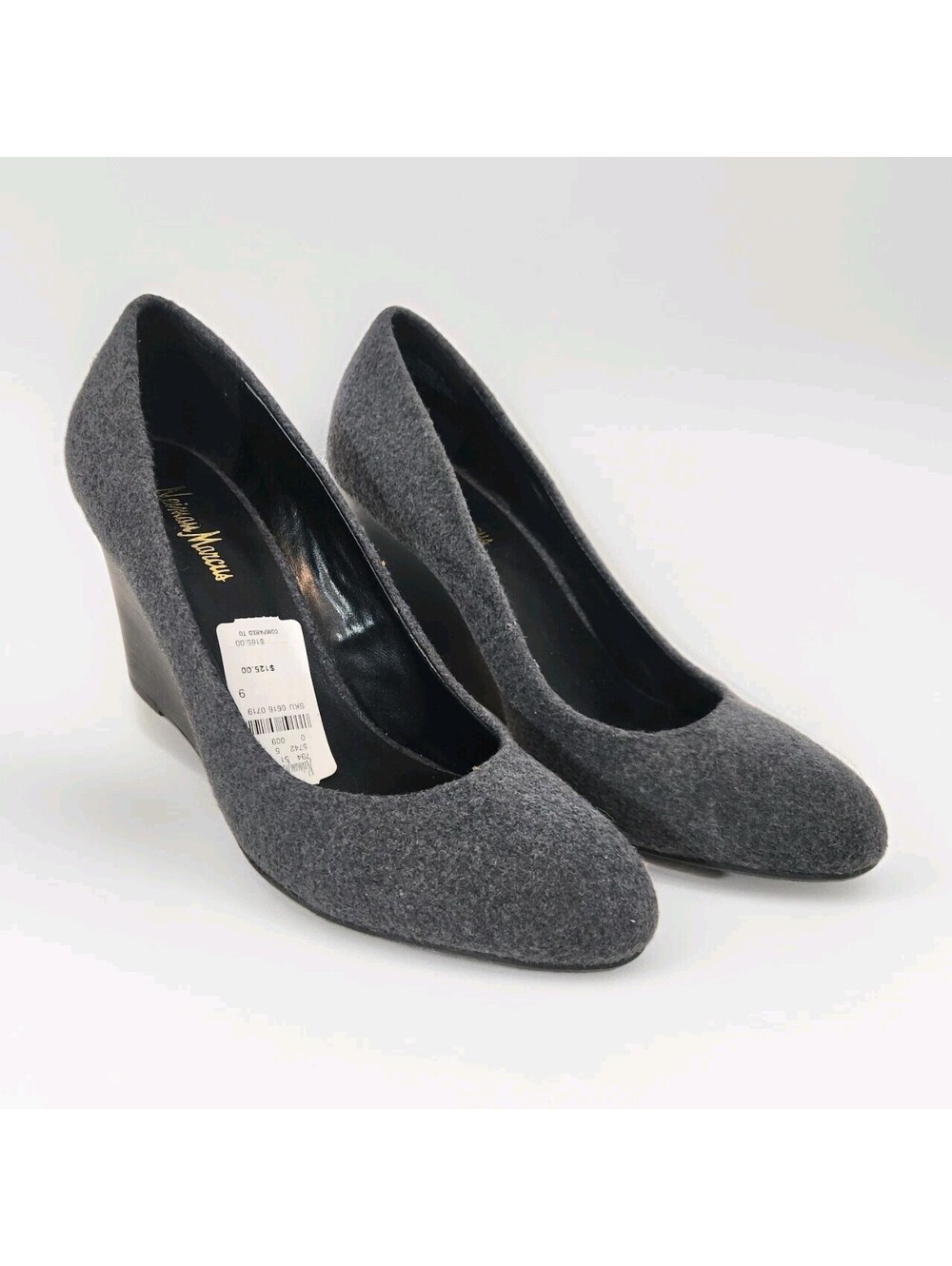 Neiman Marcus Sz 9 Gray Felt Wedge Black Pumps Shoes NWT$125